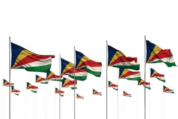 pretty Seychelles isolated flags placed in row with selective focus and space for your content - any holiday flag 3d illustration..
