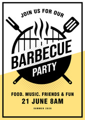 Lovely vector barbecue party invitation design template. Trendy BBQ cookout poster design with classic charcoal grill, fork, cooking paddle and sample text. - obrazy, fototapety, plakaty