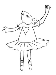 The contour drawing of a mouse is a ballerina with a heart on a white background. Dancing white mouse in a tutu skirt on a white background. Seamless pattern for printing on wrapping paper, cards