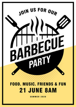 Lovely vector barbecue party invitation design template. Trendy BBQ cookout poster design with classic charcoal grill, fork, cooking paddle and sample text.