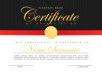 Certificate template in elegant dark blue colors with golden medal. Certificate of appreciation, award diploma design template.