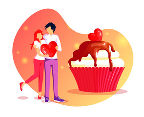 Obraz na płótnie Canvas Valentine's Day, Love, Birthday, Bakery, Dessert concept. Sweet cupcake and couple in love. Vector illustration for card, postcard, banner, poster, menu.