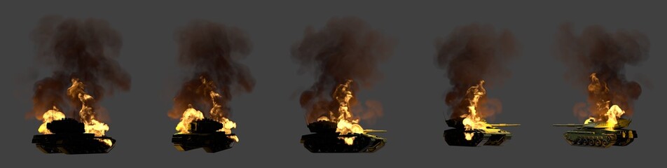 army tank with not existing design in flames wrecked in combat isolated on dark grey background, military 3D Illustration for heroism concept