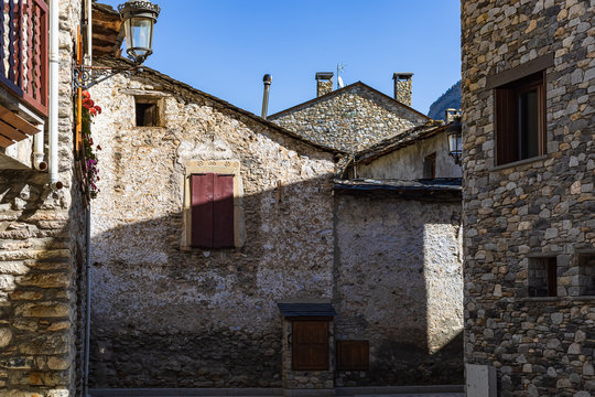 View of one of the streets and its buildings in the historic center of Benasque, Aragon, Spain