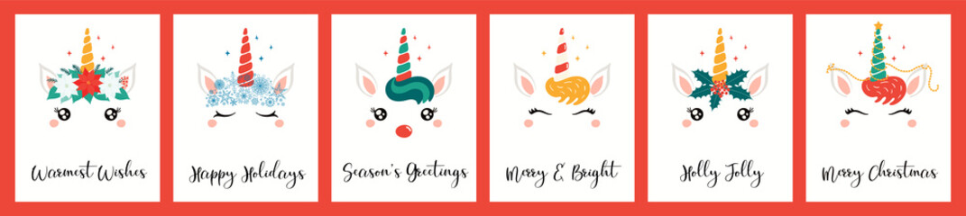 Collection of Christmas cards with different cute unicorn faces, in flower wreaths, with garlands, text. Hand drawn vector illustration. Flat style design. Concept for holiday print, invite, gift tag. © Maria Skrigan