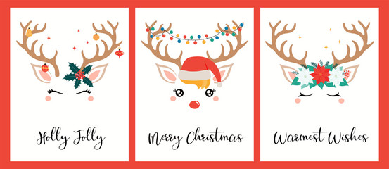 Collection of Christmas cards with different cute reindeer faces, in Santa Claus hat, flower wreath, text. Hand drawn vector illustration. Flat style design. Concept holiday print, invite, gift tag.