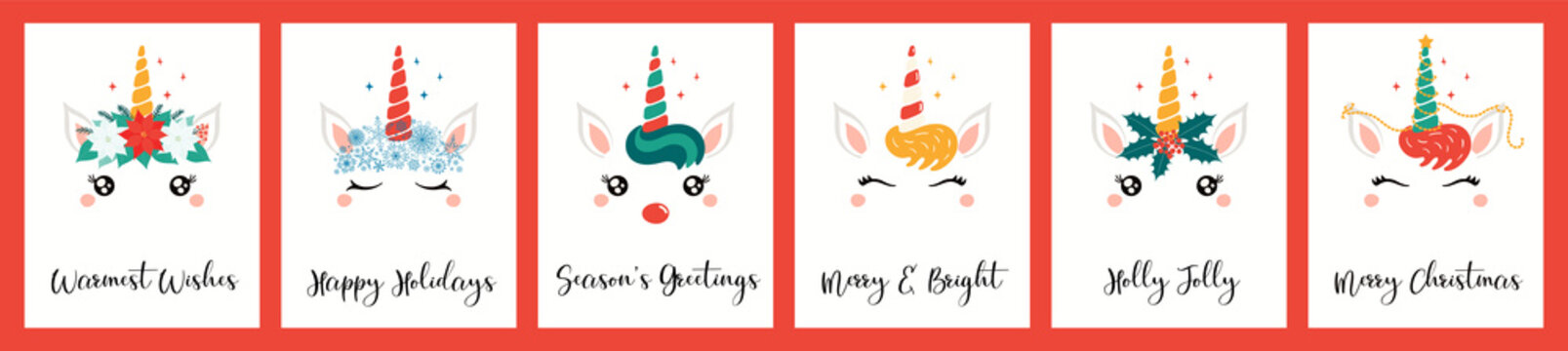 Collection of Christmas cards with different cute unicorn faces, in flower wreaths, with garlands, text. Hand drawn vector illustration. Flat style design. Concept for holiday print, invite, gift tag.