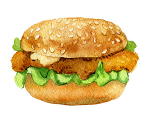 Classic chicken burger, isolated on white background, watercolor illustration - 307116610