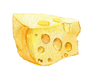 Piece of cheese, isolated on white background, watercolor illustration