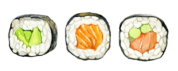 Sushi rolls set, isolated on white background, watercolor illustration