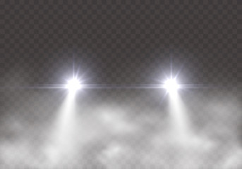 Car headlight effect in fog isolated on transparent background. Realistic white round flares beams in smoke. Vector bright train lights effect with mist at night.