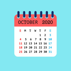 Vector illustration of tear-off calendar for October 2020