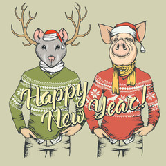 Illustration of Pig and Rat on New Year
