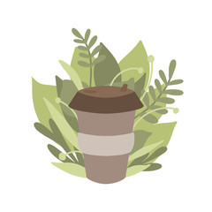 Zero waste items with green leaves. Flat illustration of bamboo coffee cup with foliage. The object is separate from the background. Vector element for greeting card, banner and your creativity.
