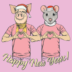 Illustration of Pig and Rat on New Year