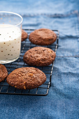 Cookies with hazelnuts on a round lattice with milk and nuts on a blue background.