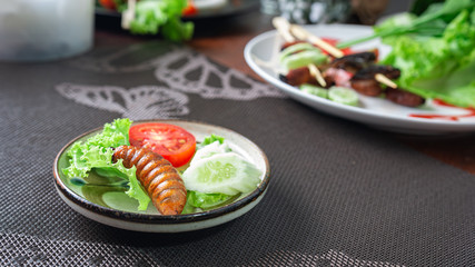 Fried Worm, Insect food in the skewer. Closeup, Selective focus.
