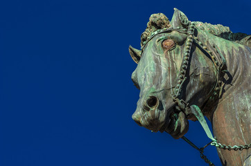 Bronze horse head from Gattamelata equestrian monument, in the historic center of Padua, erected by...