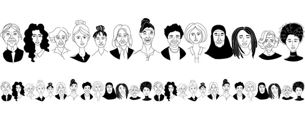 Women's diversity head portraits line drawing doodle poster seamless pattern