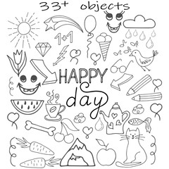 doodle icons set, happy day collection, 33 obyects kids hand drawing line art, vector illustration
