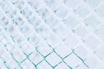 Winter snow texture made of metal mesh covered with snow hoarfrost. Frozen fence