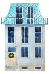 Watercolor house illustration with green roof and Christmas wreath on door