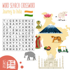 Easy crossword puzzle 'Journey to India', for children in elementary and middle school. Fun way to practice language comprehension and expand vocabulary. Includes answers. Vector illustration.