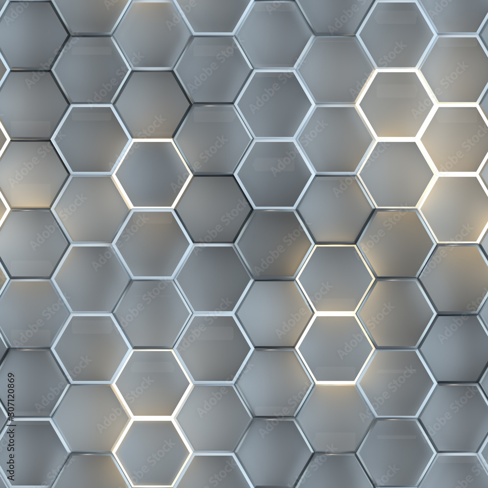 Poster seamless pattern of white illuminating hexagons 3d render
