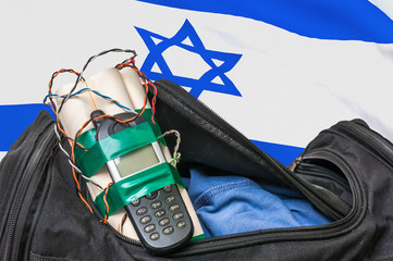Terrorist attack in Israel. Black bag with bomb.