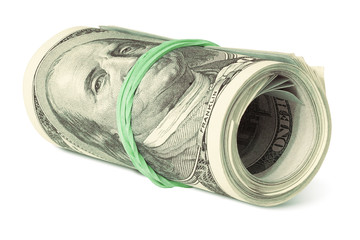Bundle of Money. One Hundred Dollar Bills Rolled and Tightened with Band. American Dollars Isolated on White