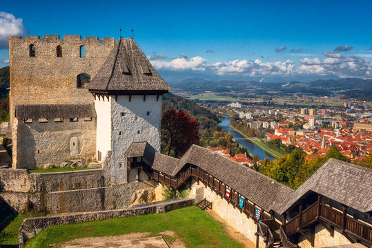 Celje Old castle (Celjski Stari grad), amazing aerial view of medieval fortification and town of Celje in Lasko valley in Julian Alps mountains, Slovenia, Styria. Outdoor travel background