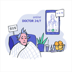 A sick man in his house, needs help. The concept of virtual medicine. Doctor's consultation online. Vector illustration, hand drawing.