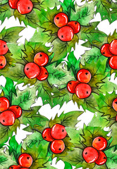 Shiny red berries with green leaves on white seamless background texture. Cute watercolor pattern for new year's day, christmas, winter holiday, cooking, new year's eve, food, etc