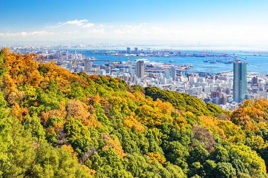 秋色の神戸、神戸市中央区錨山から六甲アイランド方面を望む