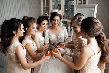 Bridesmaids look at smiling bride. Bride with merry girlfriends at the wedding drink champagne from glasses. Bride and girlfriends in the room