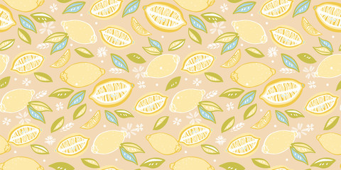 Tropical seamless pattern with yellow lemons. Fruit repeated background. Vector bright print for fabric or wallpaper