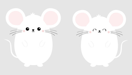 White mouse set. Happy New Year 2020 sign symbol. Cute cartoon funny kawaii baby character. Merry Christmas.Flat design. Gray background.