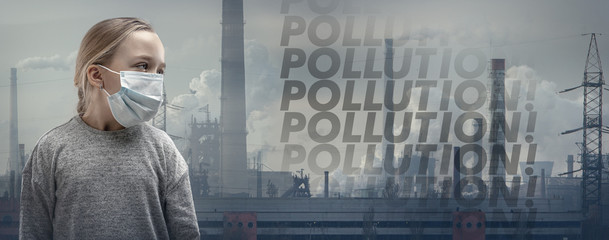 Caucasian little girl wearing the respiratory protection mask against air pollution, dust particles...