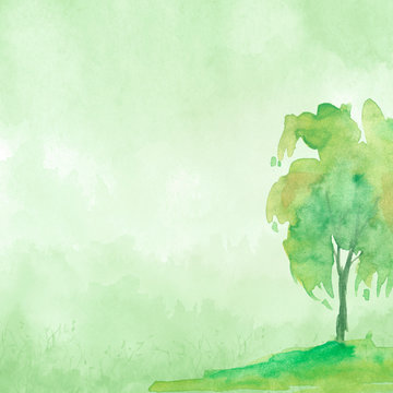 Watercolor Autumn landscape.green, tree on a bright green grass. On a white background. Watercolor splash of paint, beautiful illustration. Nature, tree, bush, silhouette of the forest, field.