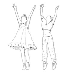 white background, contour, sketch girl rejoices