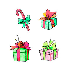 Set of Gift, present box. Christmas, new year, birthday, other holiday. Simple watercolor illustration for greeting cards, calendars, prints, children's book. Doodles, line art, hand drawn