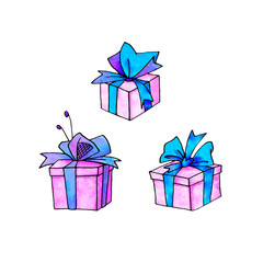 Set of Gift, present box. Christmas, new year, birthday, other holiday. Simple watercolor illustration for greeting cards, calendars, prints, children's book. Doodles, line art, hand drawn