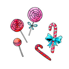 Set watercolor candy cane, sweets, lollipop. New year Xmas holidays line art, doodle, sketch, hand drawn. Simple color illustration for greeting cards, invitation cards, calendars, prints