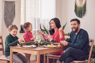 Family Together Christmas Celebration Concept. Family Enjoying christmas dinner background