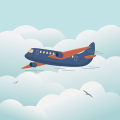 A plane in the clouds. Passenger airliner. Jet airplane. Isolated vector. Aircrafts in the sky. Vector illustration. 