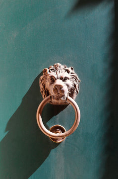 Doorknocker with head of lion on a green wooden door