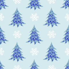 Vector seamless pattern with christmas trees and snowflakes; blue winter design for greeting card, gift box, wallpaper, wrapping paper, fabric, web design.