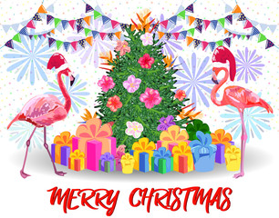 Christmas tree made of tropical monstera leaves, avocado, gifts under the tree and fireworks. New Year celebration concept, banner, postcard