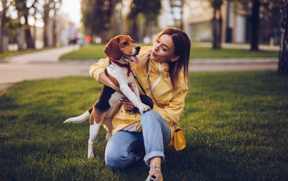 Careful woman looking at dog while hugging in green grass