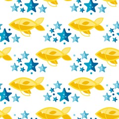 Naklejka premium Seamless patterns on a white background in a flat style with elements of starfish and fish. Texture for web page, greeting cards, posters and banners. Prints on fabric and paper.